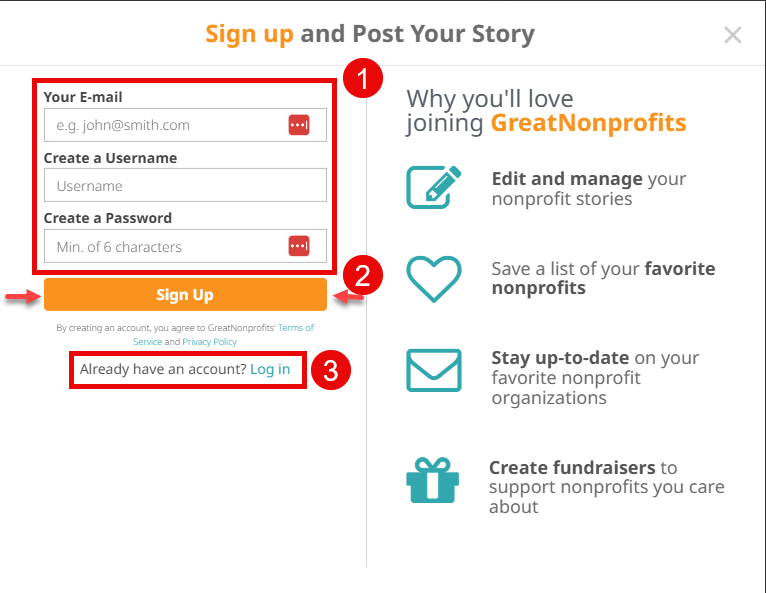 greatnonprofits sign up page